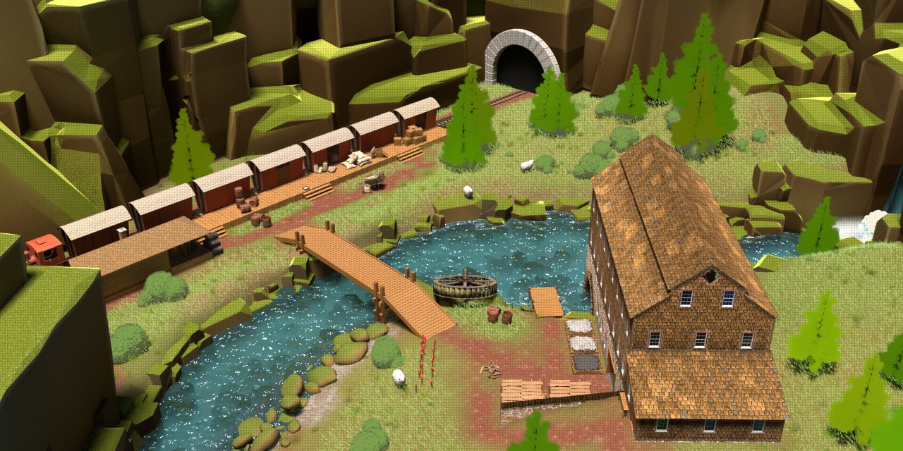 Dessin 3D illustrant un panorama vu du ciel montrant un moulin à laine, une gare avec un train arrêté. Entre les deux, une rivière coule qui alimente la roue du moulin. Des moutons pêtrent dans les champs.