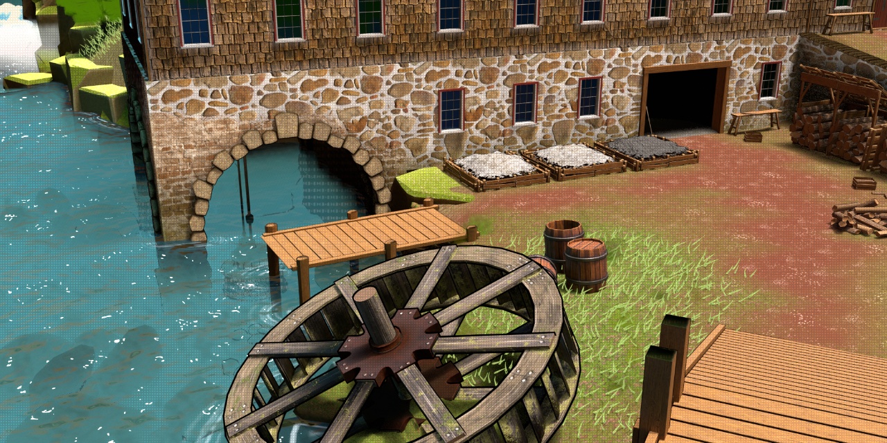 Dessin 3D illustrant une vue montrant deux types de roues de moulins pour produire de l'énergie : une roue horizontale et une roue verticale