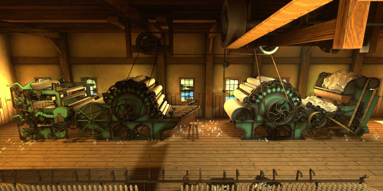 Dessin 3D d'une cardeuse, la géante du moulin. C’est elle qui prend le relais après la déchiqueteuse, pour réaliser le cardage. Son travail ? Peigner la laine. Les fibres passent entre plusieurs rouleaux dentés, qui les brossent dans un sens, puis dans l’autre, jusqu’à ce qu’elles soient bien parallèles. La laine devient douce, aérée… et ressort comme une grosse couette. Elle est ensuite enroulée sur des rouleaux, prête à être transformée en fil.