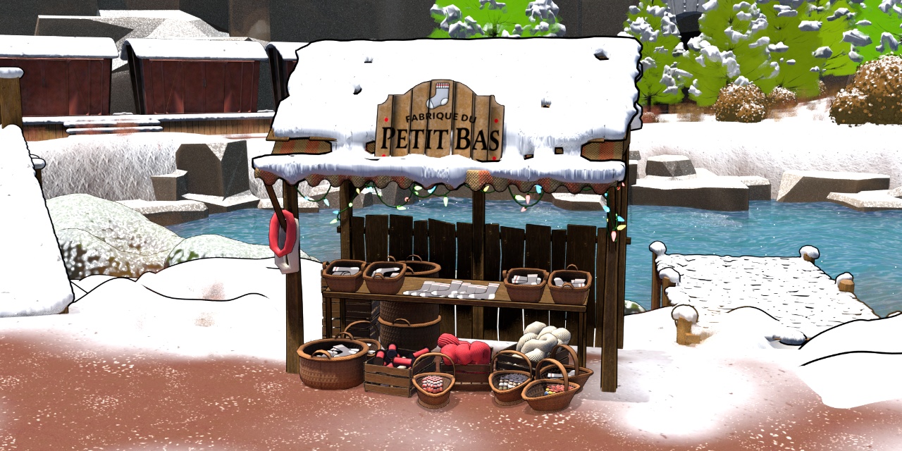 Vue montrant le moulin en hiver avec la boutique de la Fabrique du Petit Bas (description à venir)